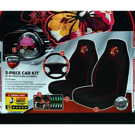 Auto Drive 5-Piece Funky Hibiscus Seat Cover and Steering Wheel Set