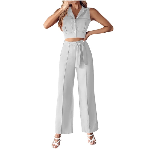 Trajes de Pantalones Sexy para Mujeres Chaleco de Cuello en V Y Pantalones de Piernas Anchas, Traje de Verano Casual de Color Sólido para el Trabajo Y la Fiesta
