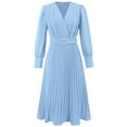 thumbnail image 4 of LYEAA Dresses for Wedding Guest Long Sleeve V Neck Long Dress Wrap Flowy Elegant Homecoming Dress Solid Color Belted Dress Fashion Holiday Party Dress Pleated Ball Gown Blue M, 4 of 5