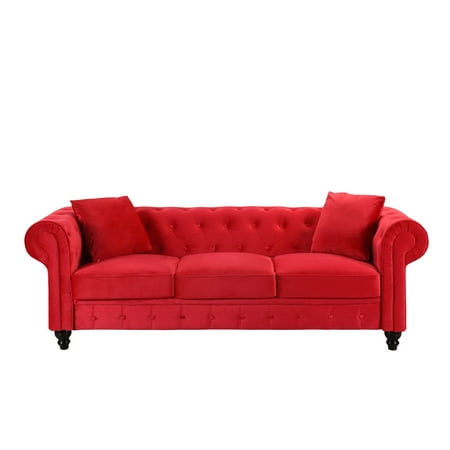 Clic Velvet Scroll Arm Tufted On Chesterfield Sofa Red