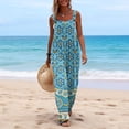 thumbnail image 4 of JULMCOMO Jumpsuits for Women Boho Floral Print Square Neck Vintage Summer Rompers Wide Leg Loose Fit Casual Jumpsuits with Pockets Light Blue S, 4 of 5