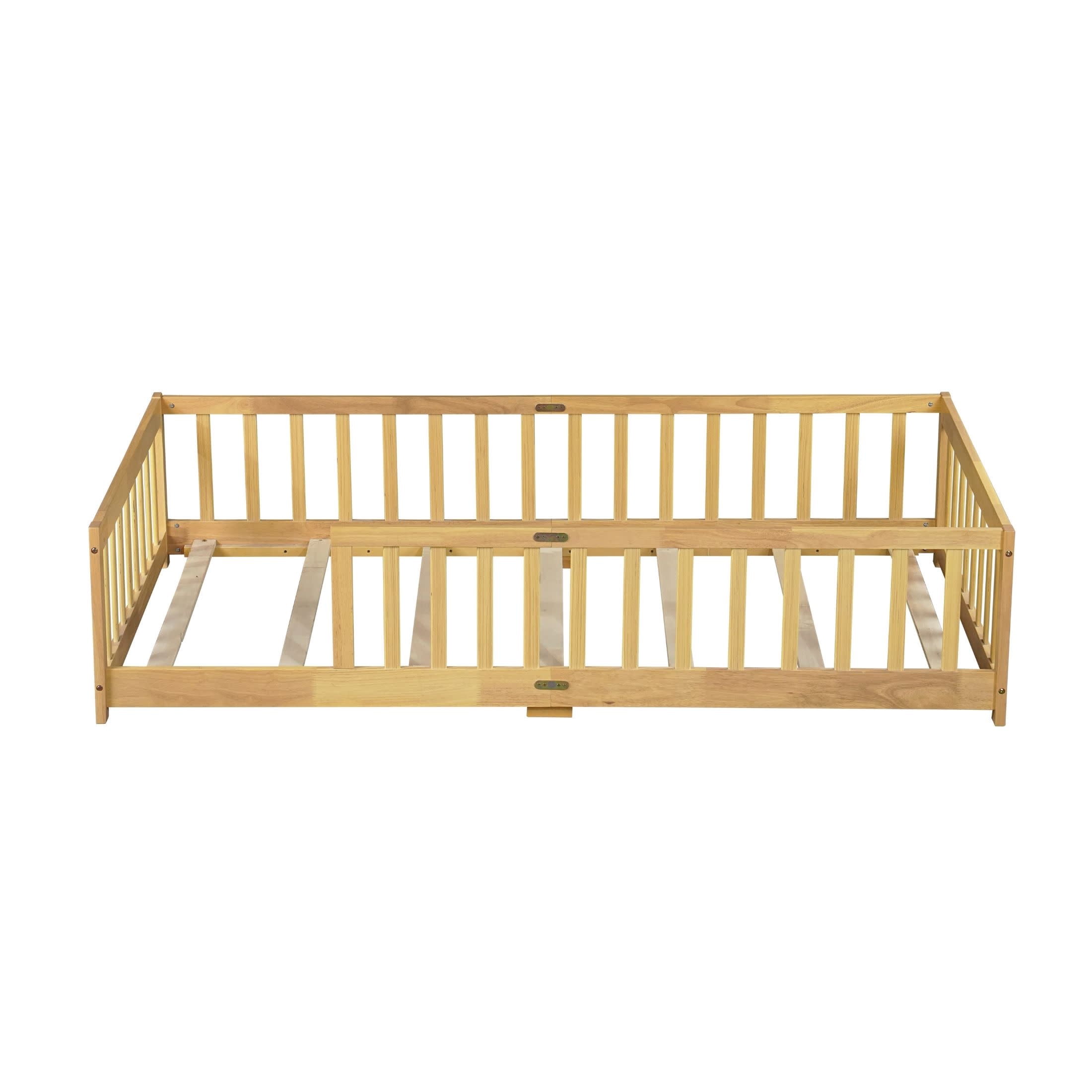 Noble House Erika Twin Floor Bed with Safety Fence, Rubber Wood Montessori Bed Frame, Kid's Room, Natural