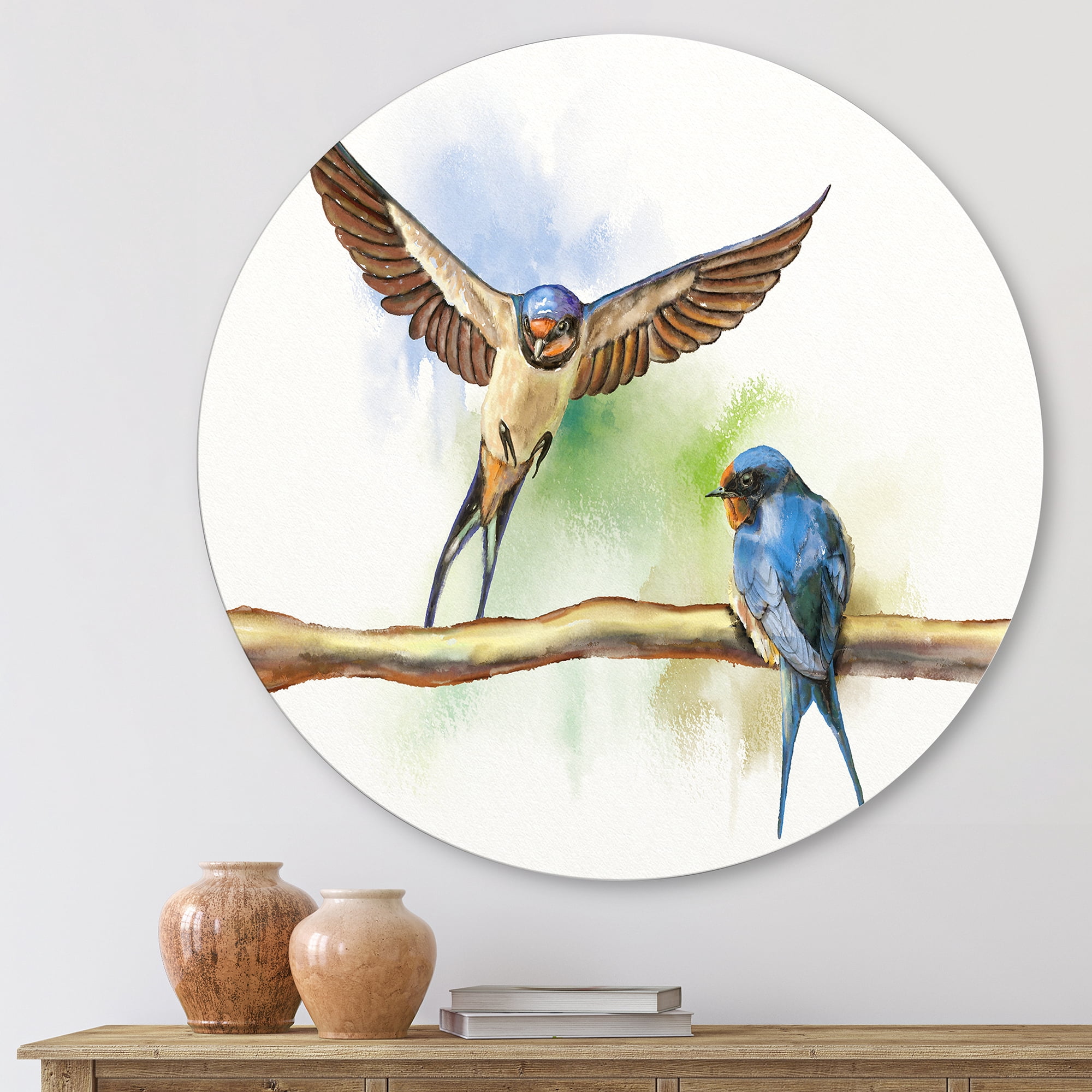 Designart 'Two Barn Swallows Birds On Branch' Farmhouse Circle Metal Wall Art 11x11 - Disc of 11