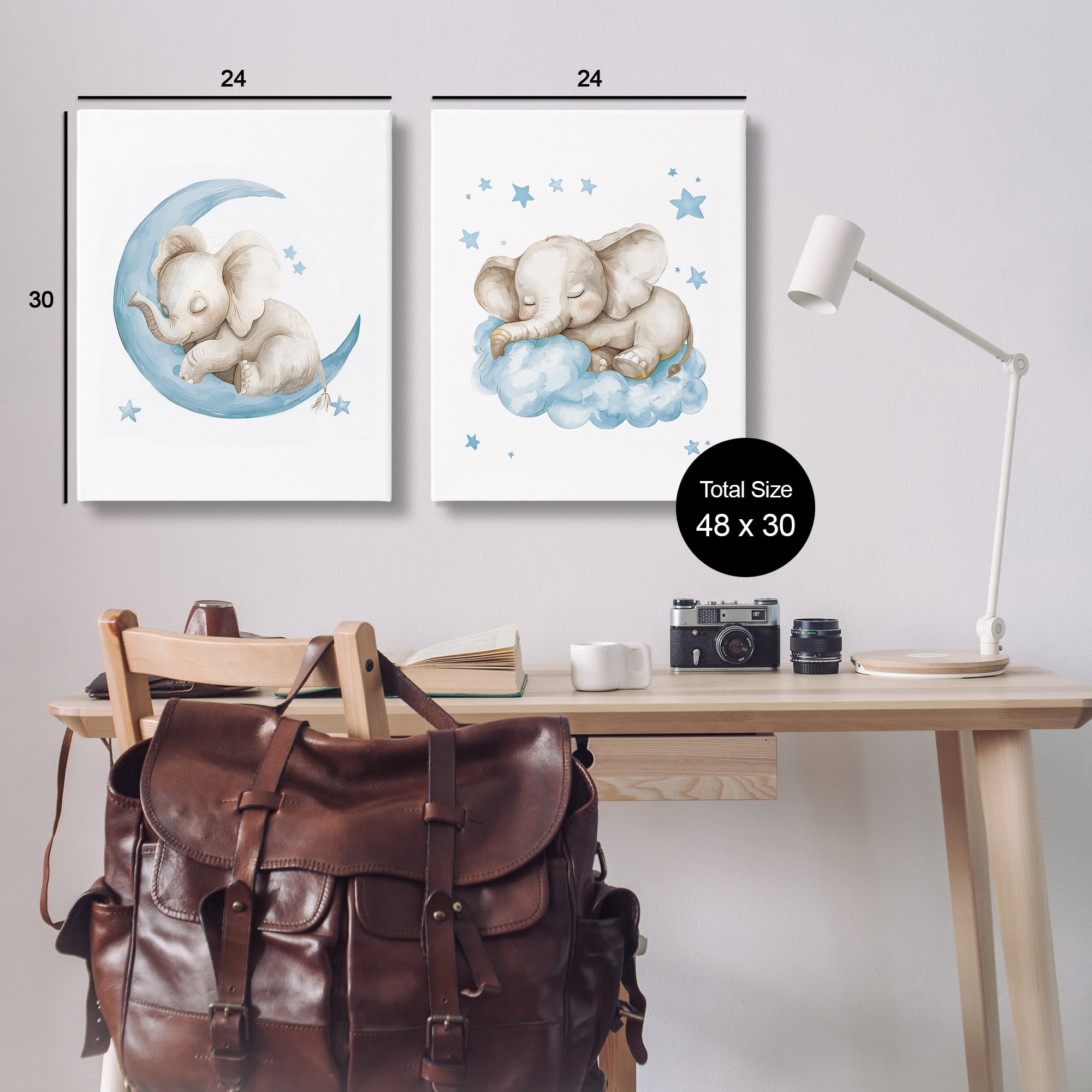 Stupell Industries Blue Sleepy Elephant Animals Painting Wrapped Canvas Art Print Wall Art, 24 x 30, Set of 2