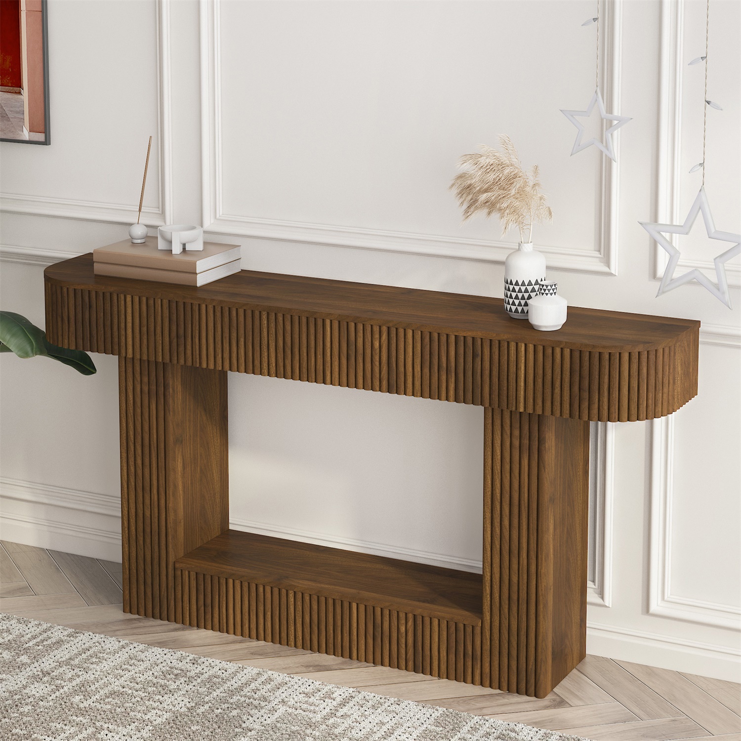 Hommoo 62.9-Inch Farmhouse Wooden Console Table, Rustic Rectangular Sofa Table for Living Room, Entryway, Hallway & Foyer, MDF Wood-Grain Accent Table with Leveling Feet, Walnut