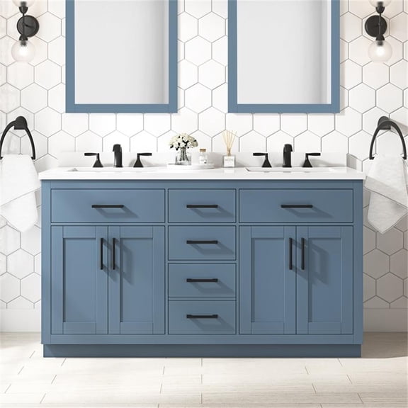 Pemberly Row 60" Double Bathroom Vanity in Blue Lagoon with White Countertop