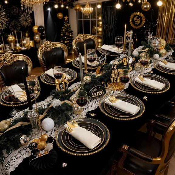 350 Pieces Black and Gold Plastic Plates with Disposable Silverware