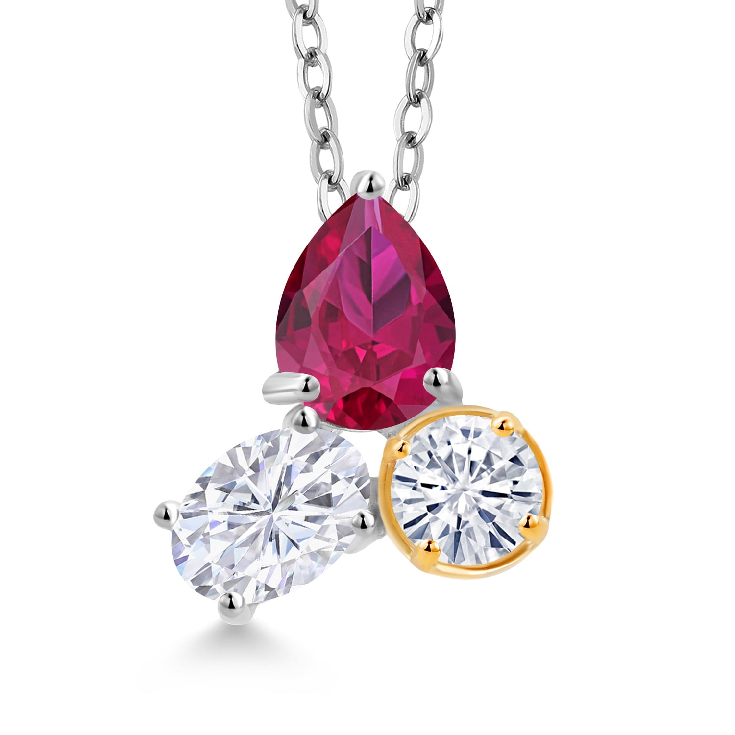 925 Silver and 10K Yellow Gold Created Ruby and Moissanite 3 Stone Pendant Necklace for Women | 2.65 Cttw | Gemstone July Birthstone | Pear Shape 8X6MM | Oval 7X5MM | Round 5MM | with 18 inch Chain