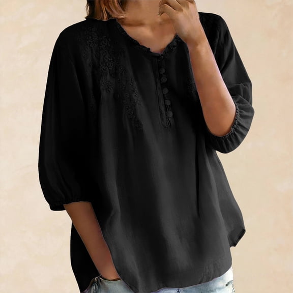 Embroidered Peasant Tops Half Button Down Shirts Puff Short Sleeve Loose Fit Tee Shirts Gauze Tops Womens Bohemian Tops Floral Tunic Embroidered Shirts 3/4 Sleeve T Shirt Gauze Shirts Black L