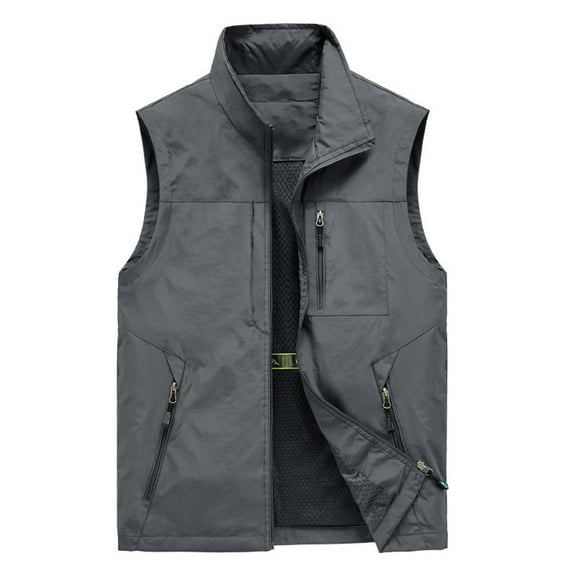 HOOMEUMY Mens Cargo Vest Classic Solid Coat Standing Collar Jacket Pocket Design Casual Workout Sleeveless Clothes Fashion 2025 Trendy Gray XXL
