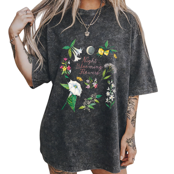 UNISHE Women's "Night Blooming Flowers" Moon Botanical Graphic Vintage Washed Oversized T-Shirt Casual Relaxed Fit Tee