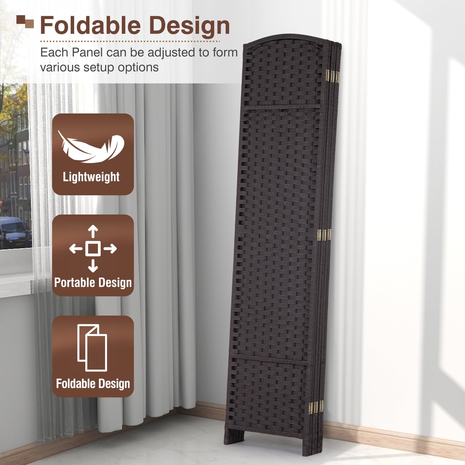 6 Panel Room Divider Folding Privacy Screen 5.57 FT Tall Partition Room Separator   Freestanding Wall Divider, Brown