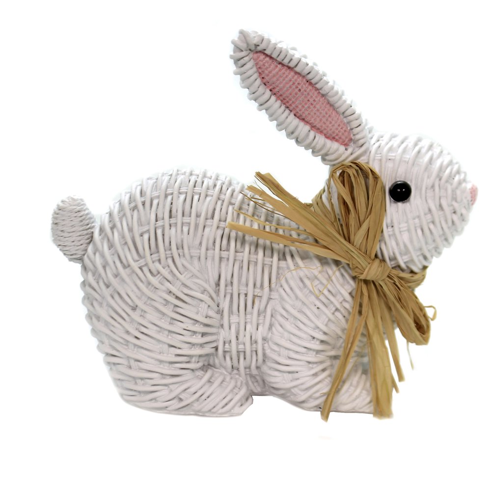 Easter BUNNIES WICKER LOOK Polyresin Rabbits White Ea17155 Laying