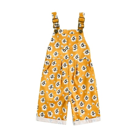 

aturustex Toddler Girl Overalls Daisy Print Sleeveless Pocket Jumpsuit Adjustable Suspender Button Decoration Bodysuit Summer Clothes
