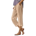 thumbnail image 3 of QATAINLAV Linen Capris Pants for Women Summer Casual Loose Drawstring Elastic High Waist Straight Cropped Trousers with Pockets Beach Clothes Khaki S, 3 of 6