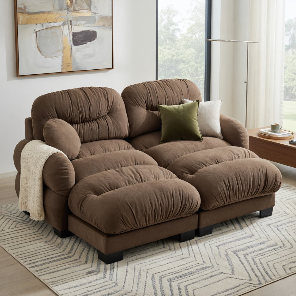 Hommoo Chenille 2-Seater L-Shaped Modular Sectional Sofa with Ergonomic Foam, Curved Armrests, 2 Ottomans & 2 Throw Pillows, Pleated Back Design, Brown