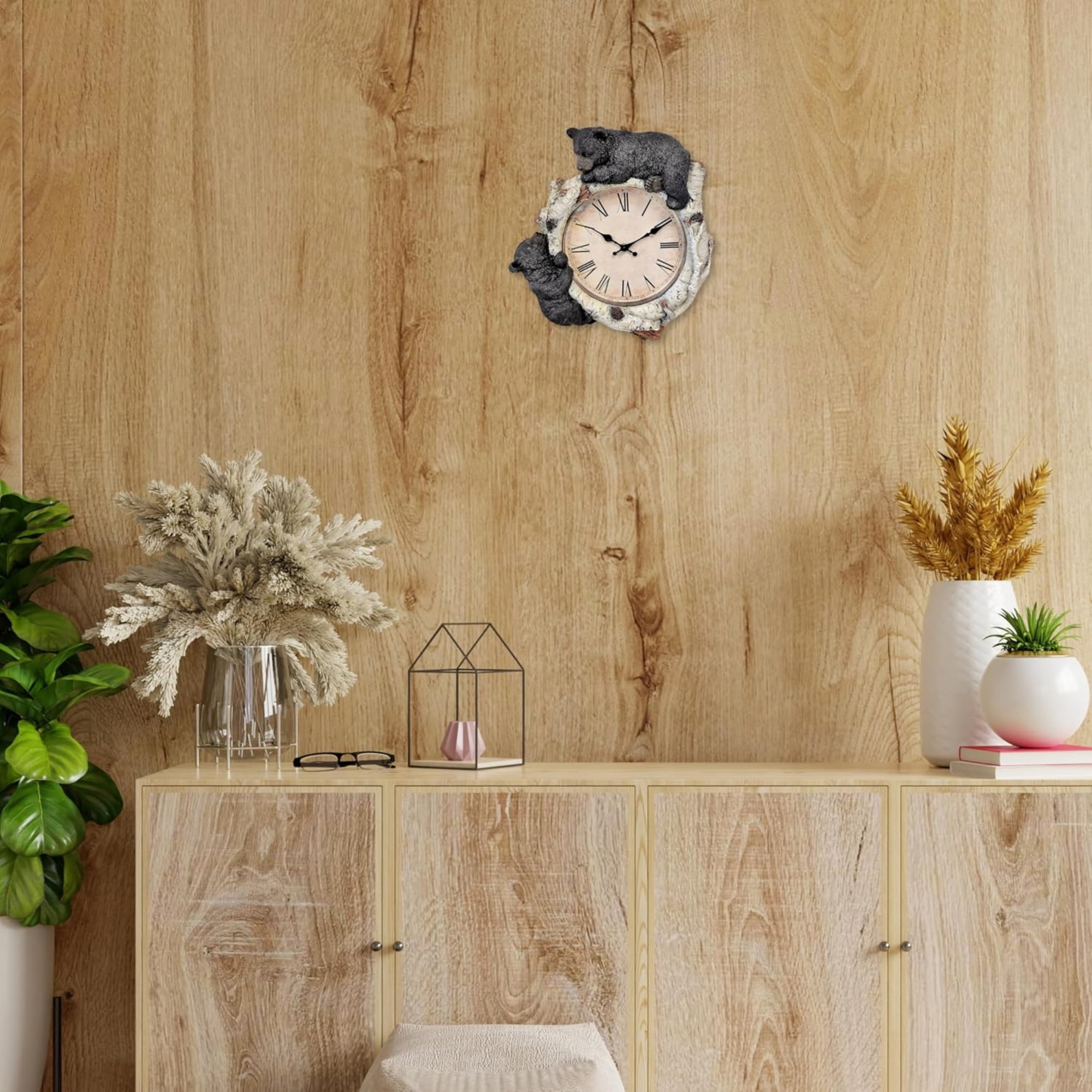 Black Bear Cubs on Birch Woodland Style Wall Clock Cabin Lodge