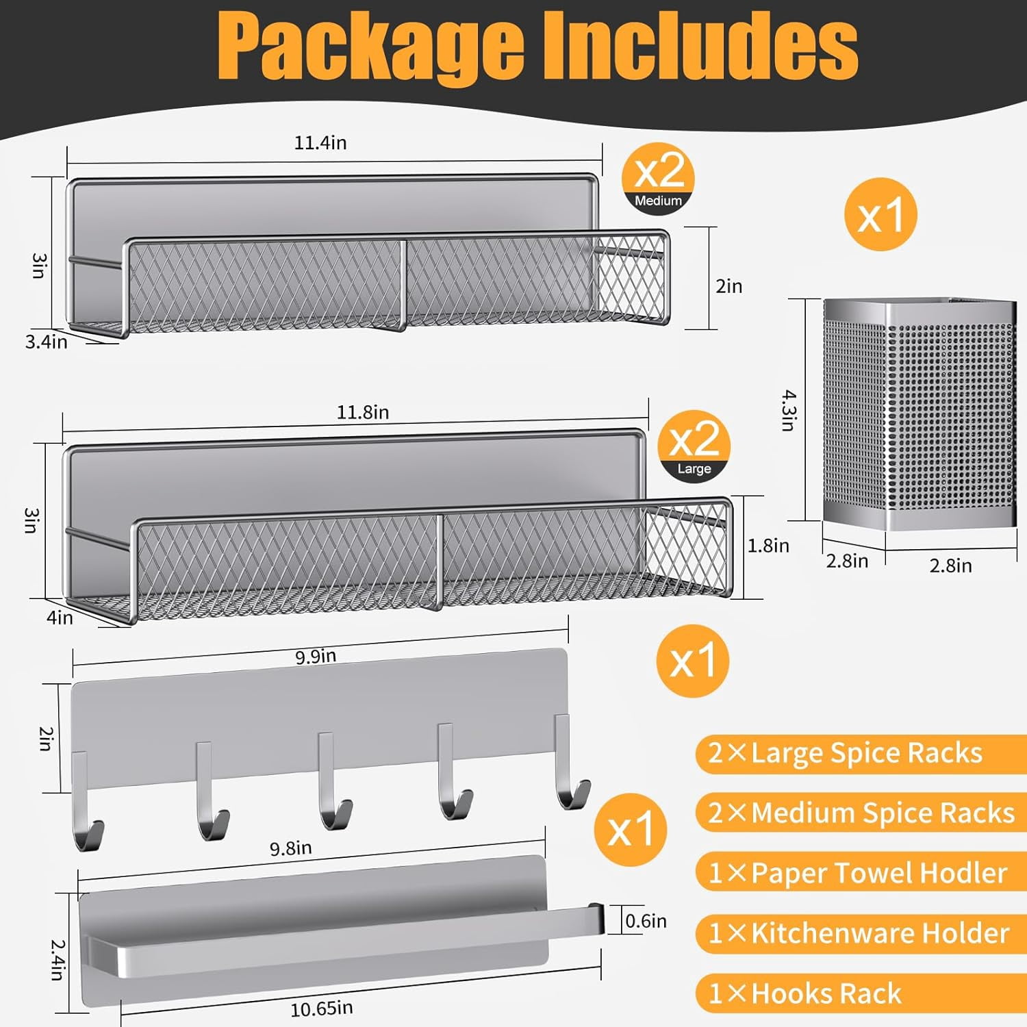 Magnetic Spice Rack for Refrigerator, 7 Pack 100% Metal Strong Magnet Shelves, Kitchen Spice Organizer W/ Hook Rack, Paper Towel Holder, Utensils Caddy, Home Laundry Room Storage Organization (Grey)