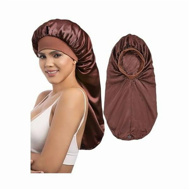 wonima11 Long Satin Braids Bonnet for Women - 2 Layer Silk Bonnet for Braids Elastic Hair Sleeping Cap with Wide Band Nightcap (Brown)