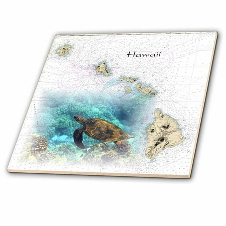 - 3dRose Print of Hawaiian Islands Chart With Sea Turtle - Ceramic Tile, 12-inch