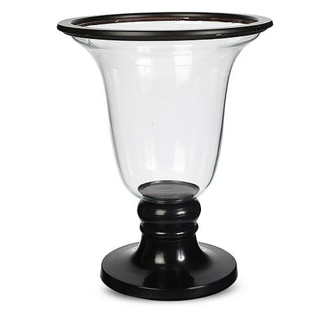 Wide Glass Candle Holder, Wood Base & Rim, Black