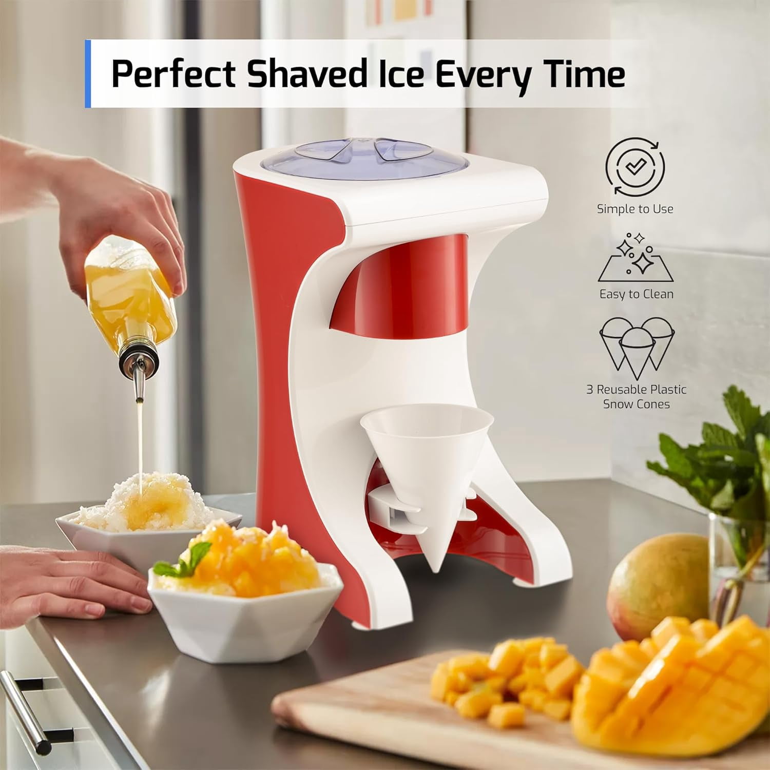 OVENTE Shaved Ice Snow Cone Machine with Reusable Plastic Cup, Non-Slip Mat and Stainless Steel Blade, Kitchen Countertop Slushie Machine for Homemade Snowballs, Frozen Cocktails & More, Red ICR1505R