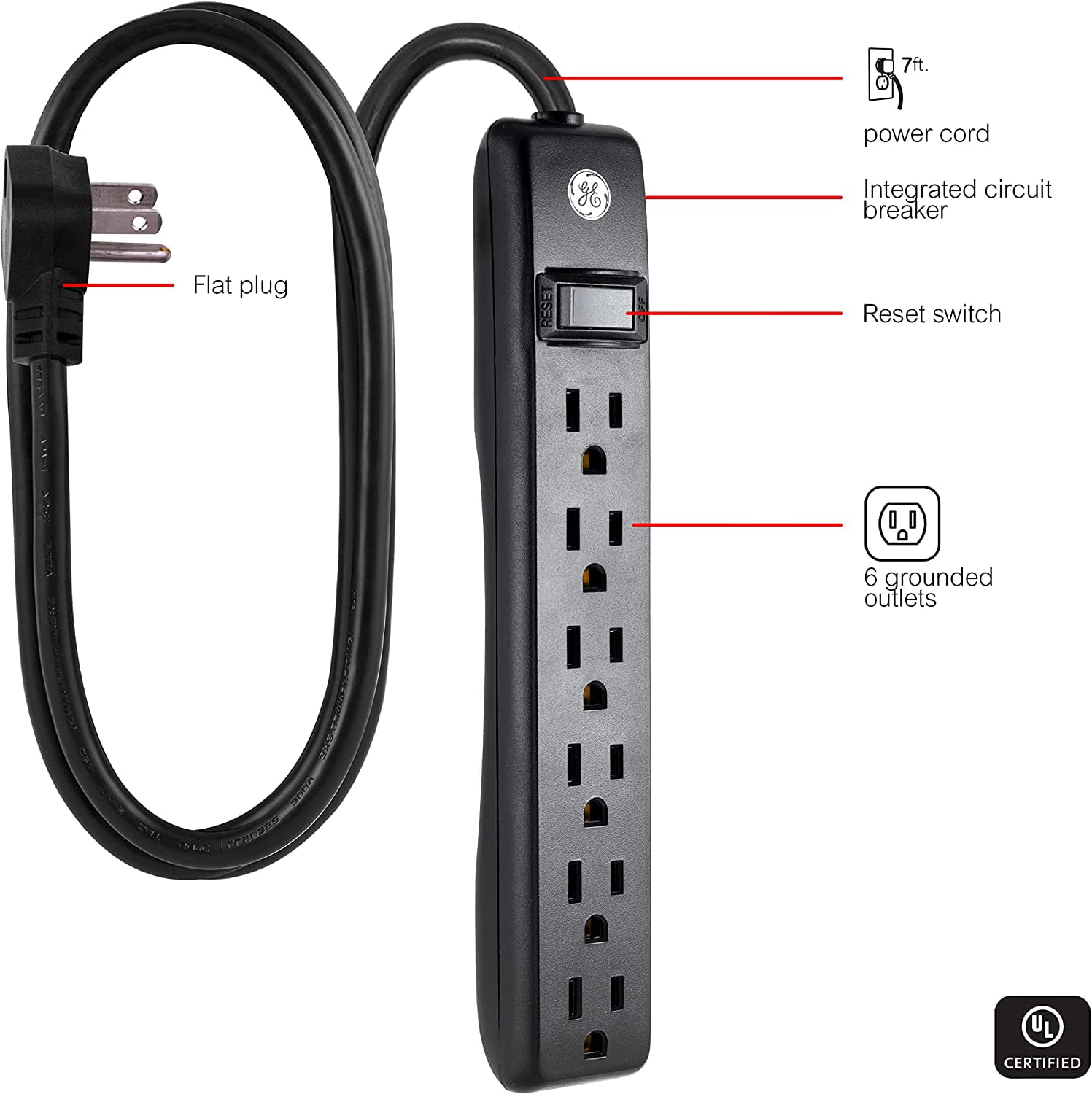 RGHJAR-GE 6-Outlet Power Strip, 7 Ft Power Cord, Flat Plug, 3 Prong Outlet, UL Listed, Black