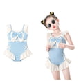 thumbnail image 4 of VNKIDY Girls Kids Square Neck Ruffle Trim Bow Decor Solid Color One Piece Swimsuit Crisscross Side Ruffle Hem Cute Beach Bathing Suit For Child Leisure Swimwear 3-4 Years, 4 of 8