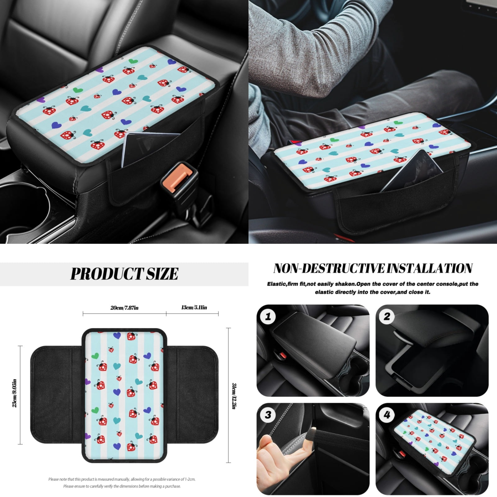 Yuyamidu Ladybug Front Rear Car Seat Covers Full Set of 14 Blue Stripes Steering Wheel Cover Seat Belt Pads Coasters Waste Bin Armrest Cover Cup Holders Rearview Mirror Cover Handbrake Cover Set