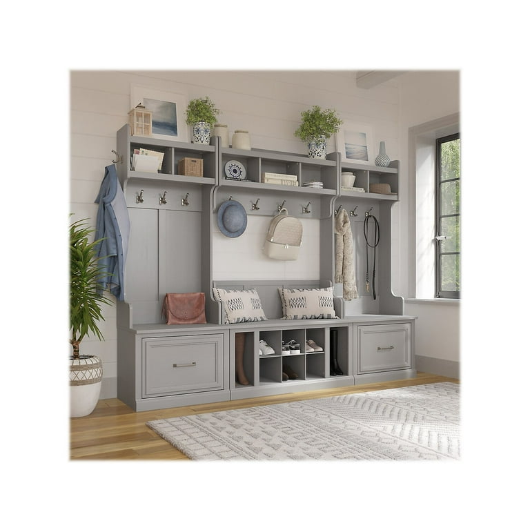 Kathy Ireland Home by Bush Furniture Woodland 40W Entryway Bench with Doors and Wall Mounted Coat Rack in White Ash
