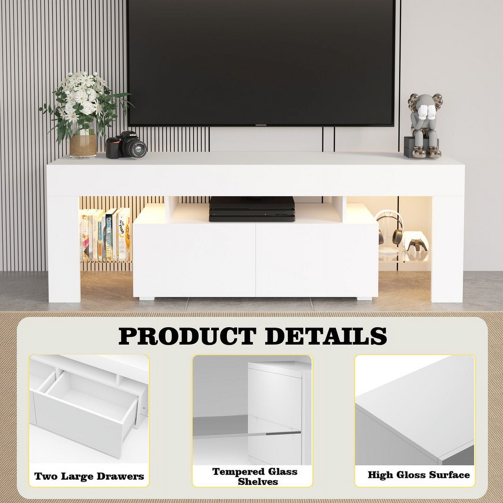 Homall 63'' TV Stand for TVs up to 70'', TV Stand with Remote LED Lights, White Modern Entertainment Center with Soft-Close Drawers & Adjustable Shelves for Living Room, White