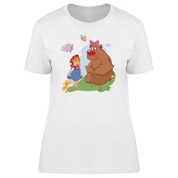 Cute Girl & Bear Friends Cartoon T-Shirt Women -Image by Shutterstock, Female Medium