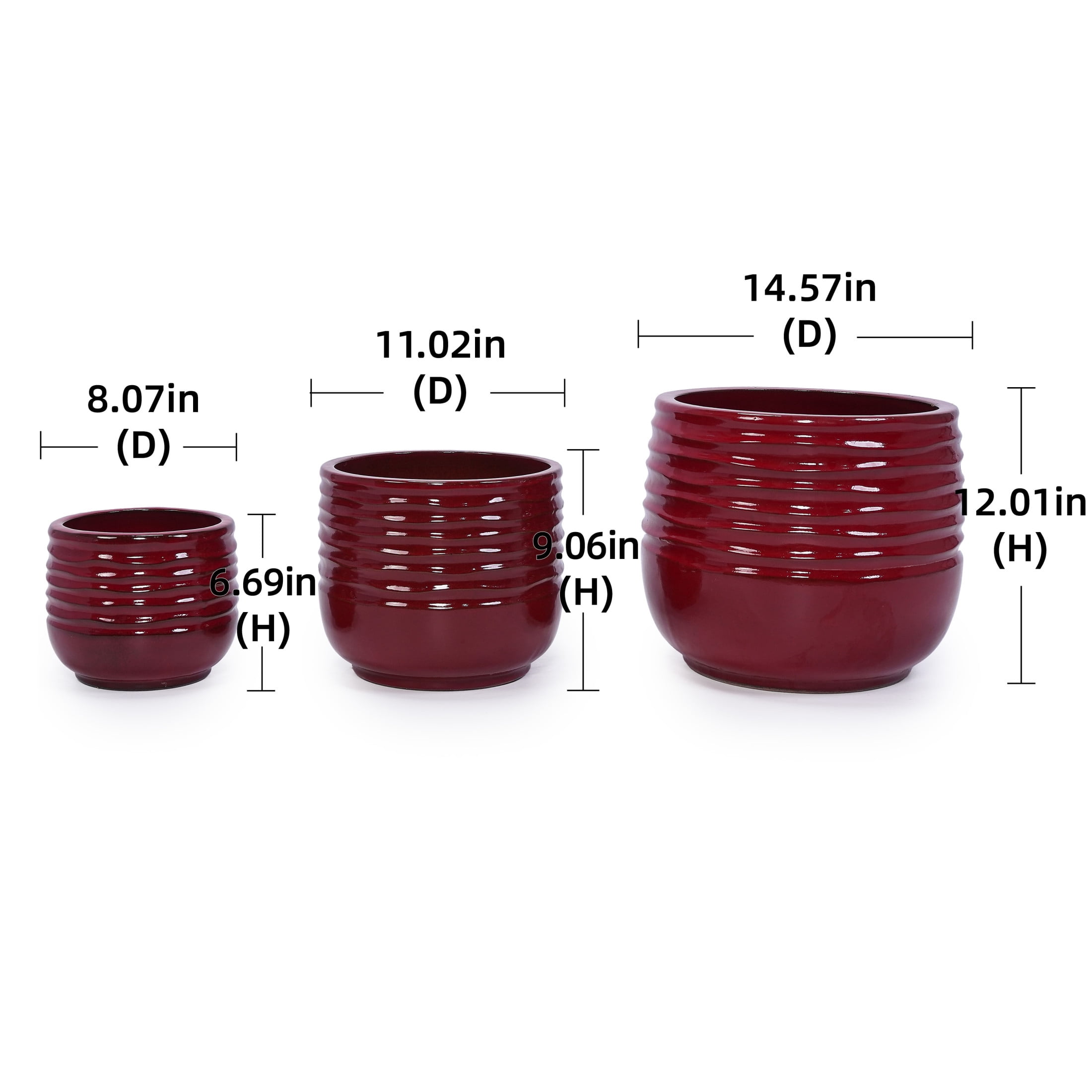 Noble House Brandon Ceramic Flowerpot Set, Glossy Floral Design for Patio or Garden, Set of 3, Bean Paste Red