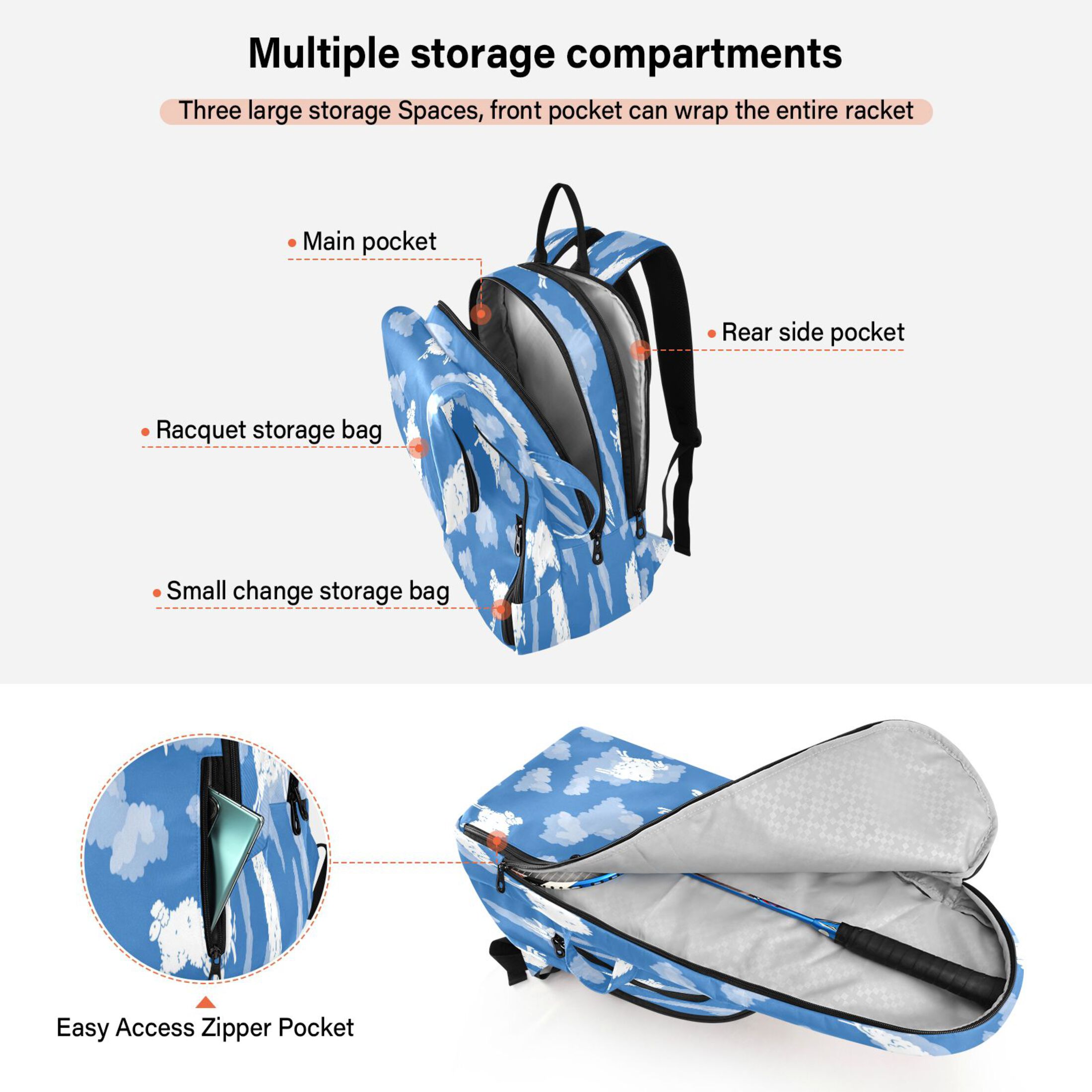 2 Racquet Holder Tennis Backpack Tennis Racket Covers Gym Bags Cartoon-style White Sheep