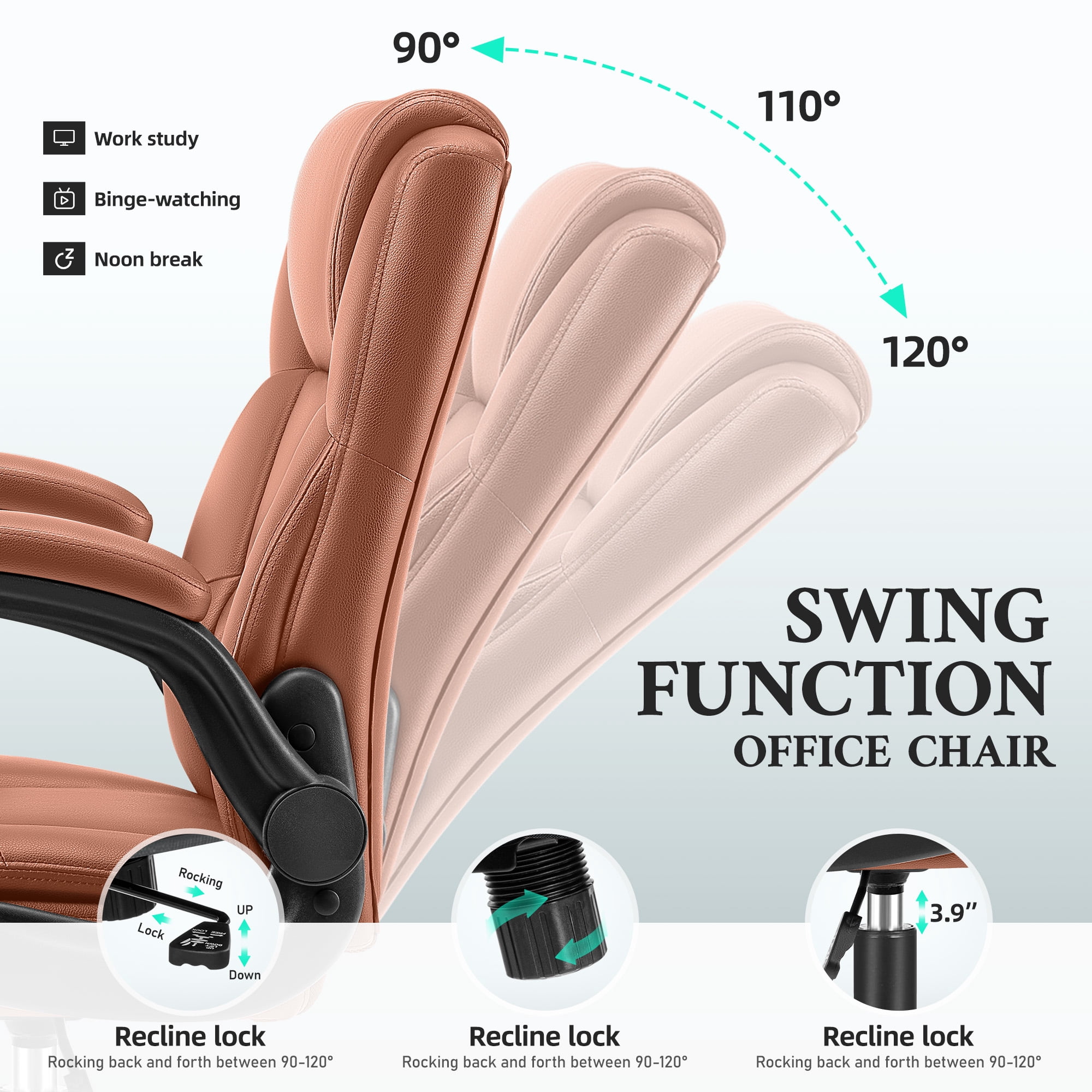 ALLGOD Leather Office Chair 400lbs, Ergonomic Desk Chairs with Back Support, Computer Chair with Wheels and Adjustable Armrest for Home Office, 360°Swivel Free, Brown