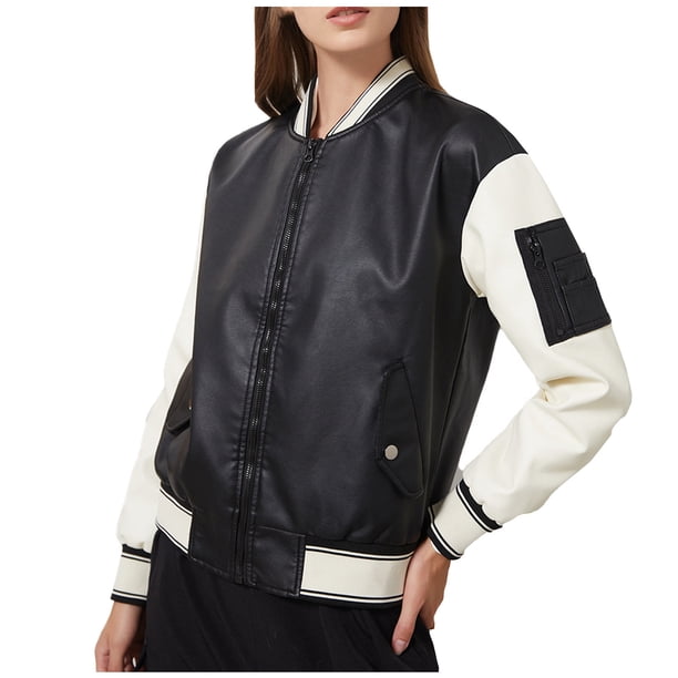 Moda Mujer Casual Color-Block Cuero Manga Larga Uniforme Suelta Señoras Chaqueta Abrigo Odeerbi ODB-6