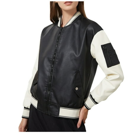 

Trench Coats for Women Fall Jackets for Women Trendy Women Casual Color-block faux Leather Long-sleeve Uniform Loose Ladies Jacket Coat Black Cardigan for Women New Arrival Womens Jacket White M