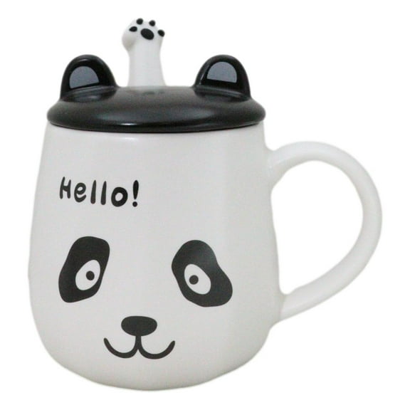 Hello Panda Bear Ceramic Coffee Mug Cup With Spoon And Perky Ears Lid 14oz