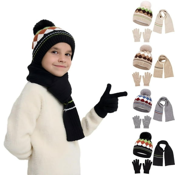 Cethrio Boys Hats, Scarves & Gloves Sets, Warm Windproof Snow 3 PC Winter Beanies Black Size 1-8T