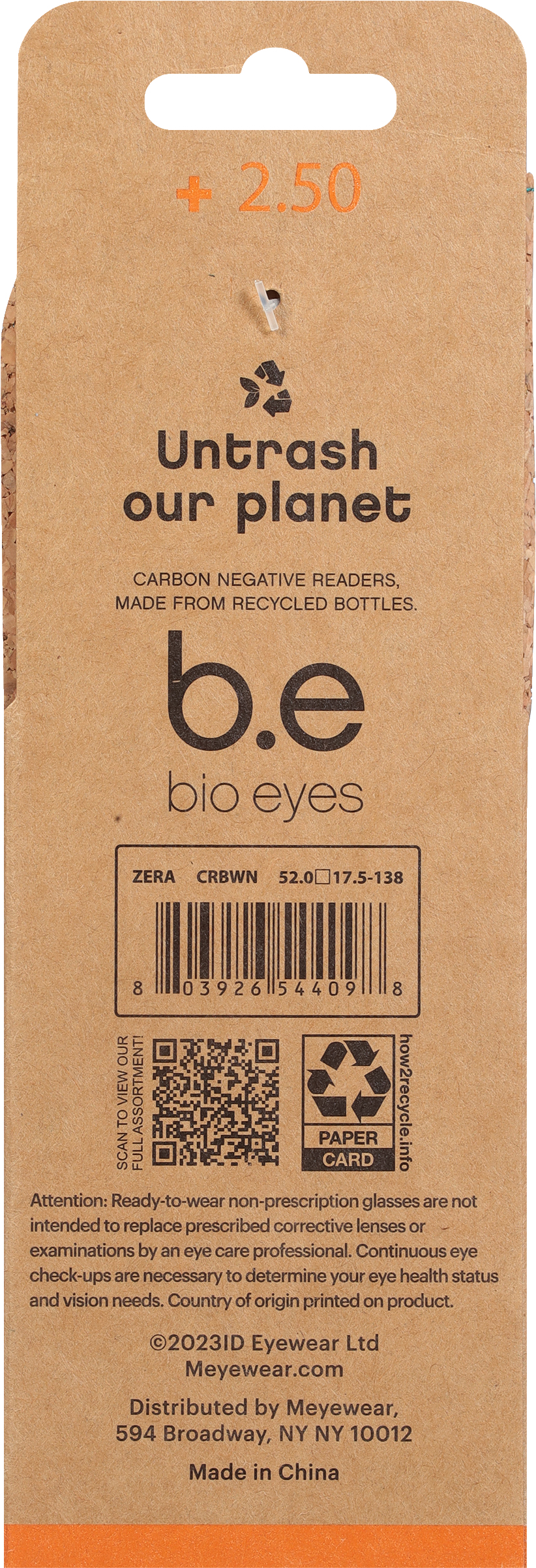 B.E Bio Eyes Mens Rectangular Reading Glasses Made from Recycled Plastic Zera +2.50 in Brown
