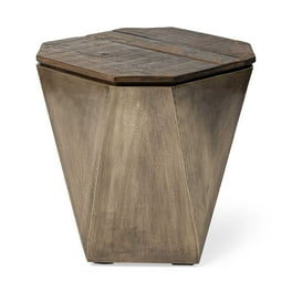 Brass And Natural Wood Side Table With Hexagonal Hinged-Top Brass And Natural Wood Side Table With Hexagonal Hinged-Top