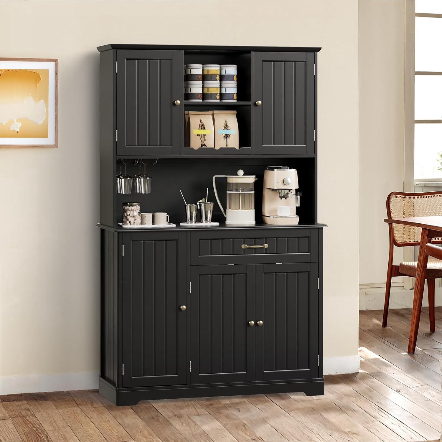 67" Kitchen Hutch Cabinet with 5 Doors and 14 Shelves, Noelse Large Wooden Kitchen Pantry Storage Cabinet with Drawer, Tall Coffee Bar for Dining Room, Black