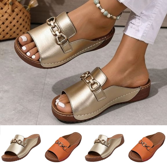 Miqool Orthopedic Wedge Sandals for Women Faux Leather Thick Sole Non Slip Slides Arch Support Open Toe Comfortable Slippers