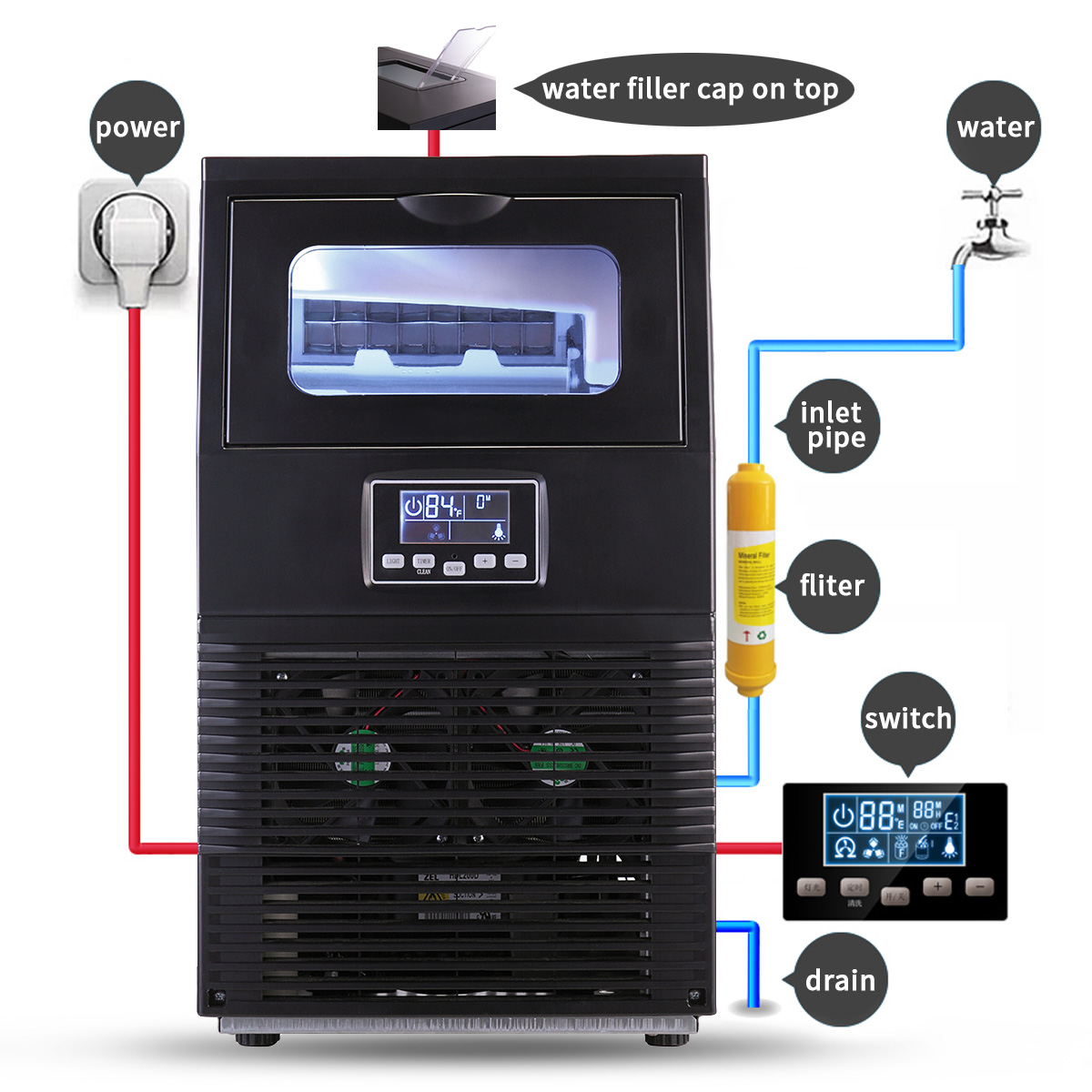 Sandinrayli Commercial Ice Maker Machine Portable Stainless Steel Ice Cube Maker for Restaurants, 66 Lbs Production