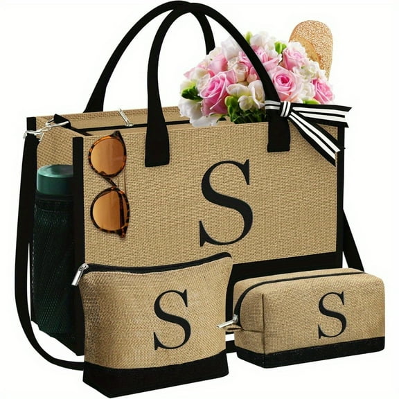 Christmas Gifts For Women - Initial Jute Tote Bag & 2 Makeup Bags Personalized Gifts Best Friend Birthday Gifts For Women Her