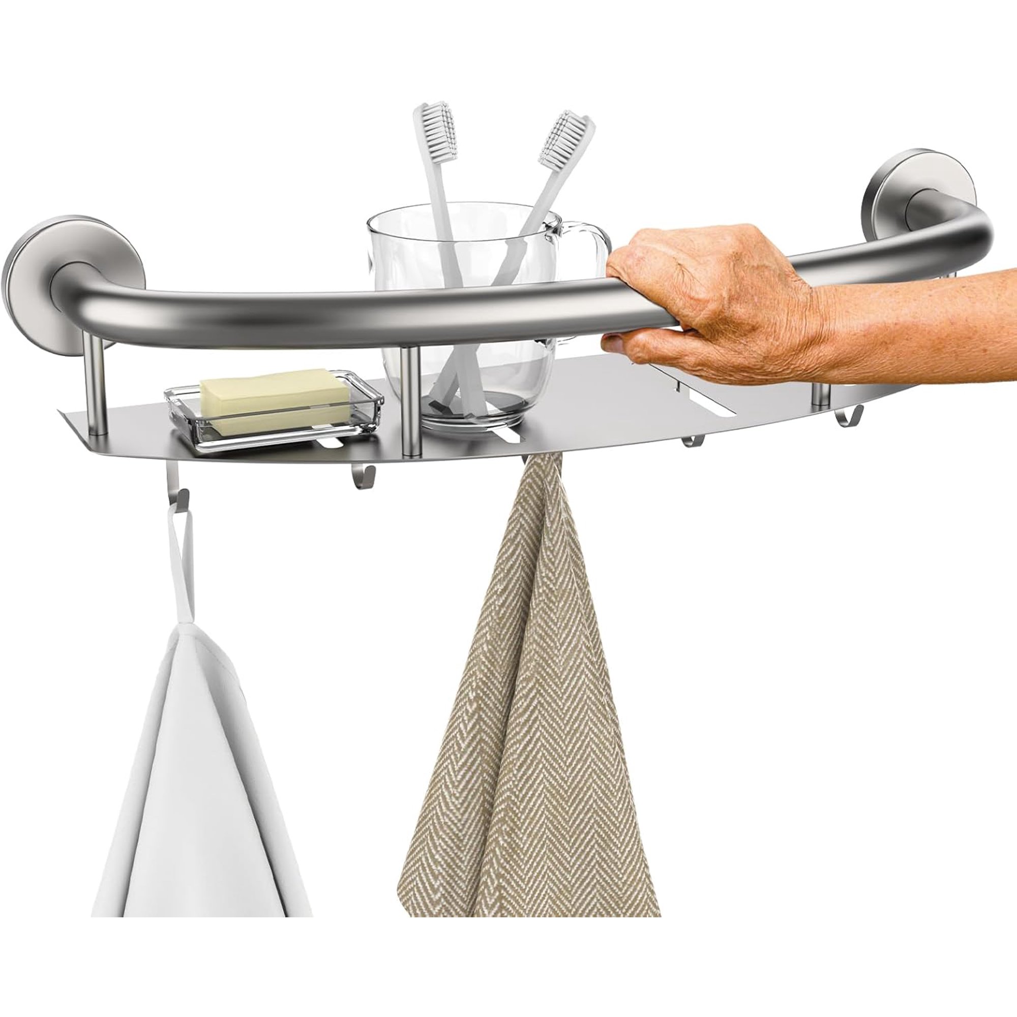 18 Inch Shower Grab Bar Storage Shelf, Brushed Nickel Handicap Bar | 2 in 1 Stainless Steel Bathroom Grab Bar Wall Mount Balance Bar Safety Hand Rail Support Handicap Elderly Injury Senior