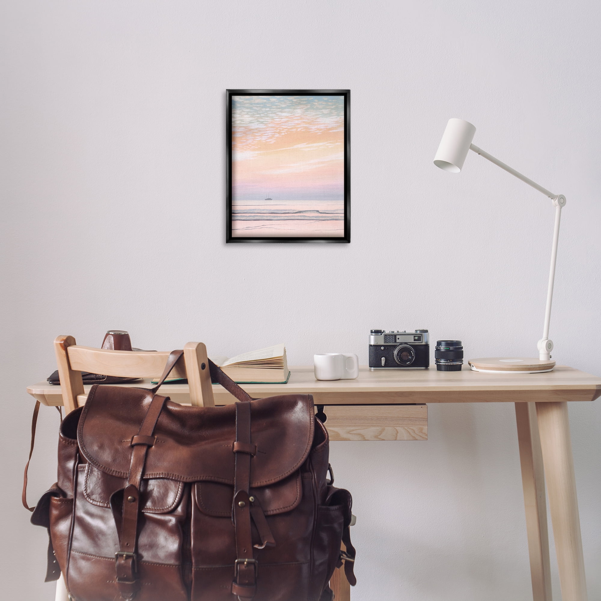 Stupell Industries Orange Sunrise & Boat Nautical & Beach Painting Black Floater Framed Canvas Art Print Wall Art, 17 x 21
