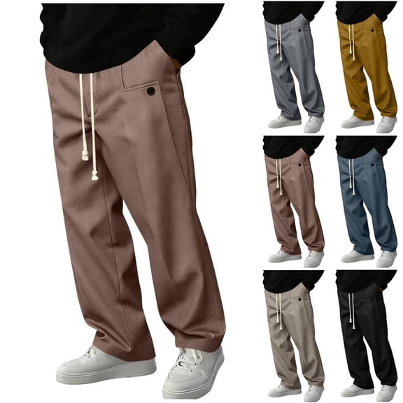 BXSRUTA Mens Casual Loose Fit Drawstring Pants with Pockets Comfort Straight Leg Everyday Versatile Long Pants