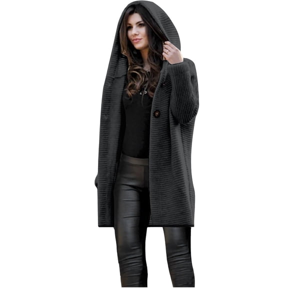 Scyoekwg Long Sleeve Shirts for Women Women's Long Sweater Cardigan Hooded Outwear Sleeve Pure Color Loose Long Shirts Dark Gray XXXXL