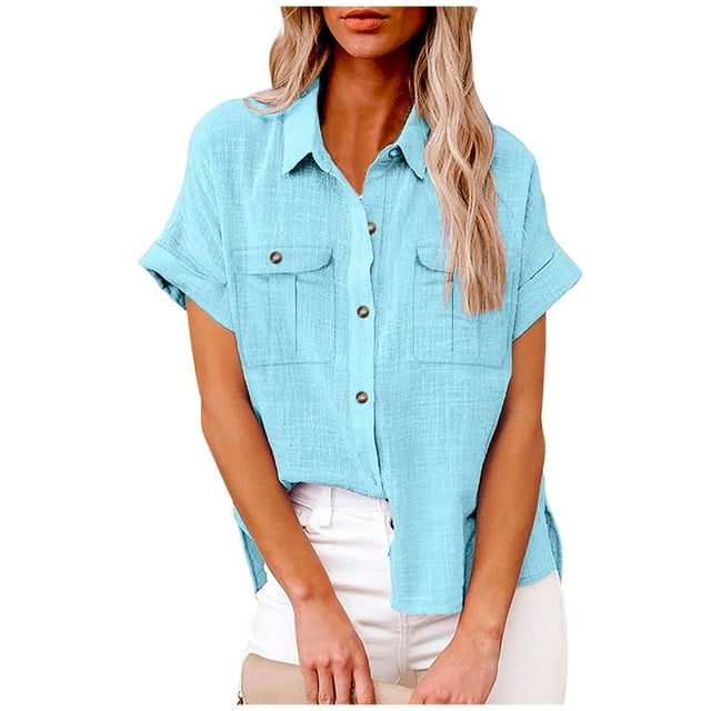 fheaev Button Up Shirts For Women Roll Up Short Sleeve Button Down Cotton Linen T-Shirts With Pocket V-Neck Work Tunics Blouse Collared Tops